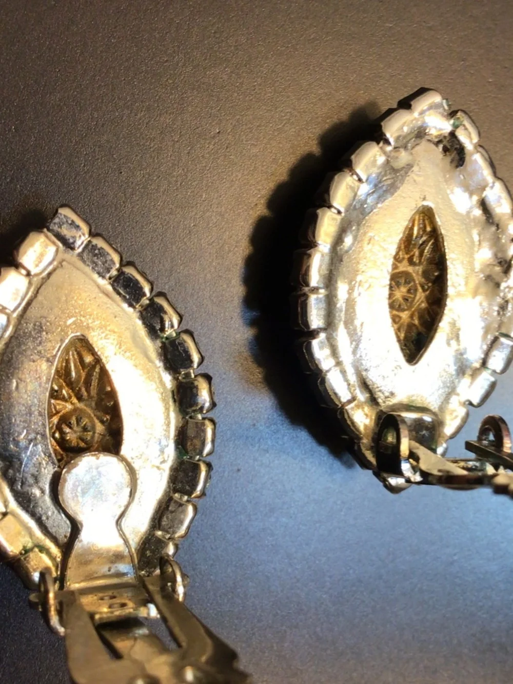 Vintage Mid-century Clip-on Earrings Blue Navette Stones Clear Rhinestones